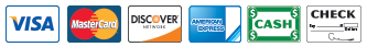We Accept Visa, Master Card, Discover, AmEx, Cash, Check